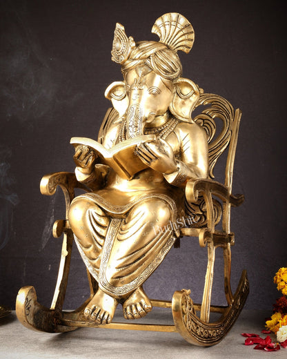 Pure Brass Ganesha Seated on a rocking Chair Reading Book | 24" large - Budhshiv.com