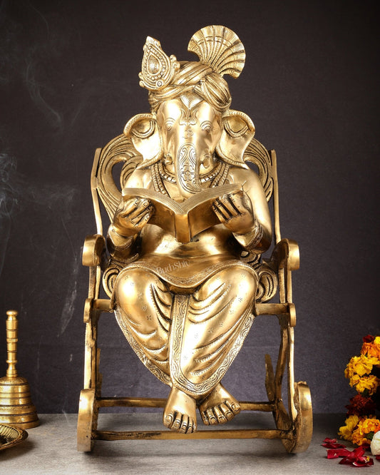 Pure Brass Ganesha Seated on a rocking Chair Reading Book | 24" large - Budhshiv.com