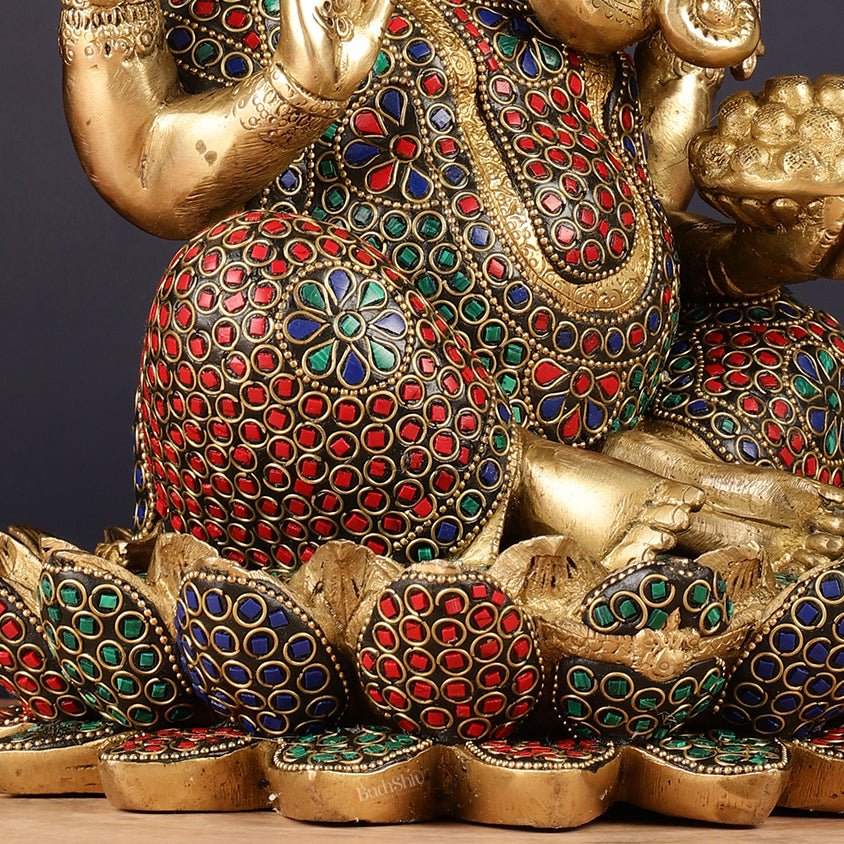 Pure Brass Ganesha Seated on Lotus Idol 11 inch - Budhshiv.com