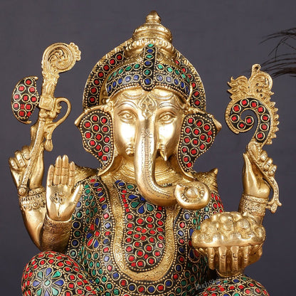 Pure Brass Ganesha Seated on Lotus Idol 11 inch - Budhshiv.com