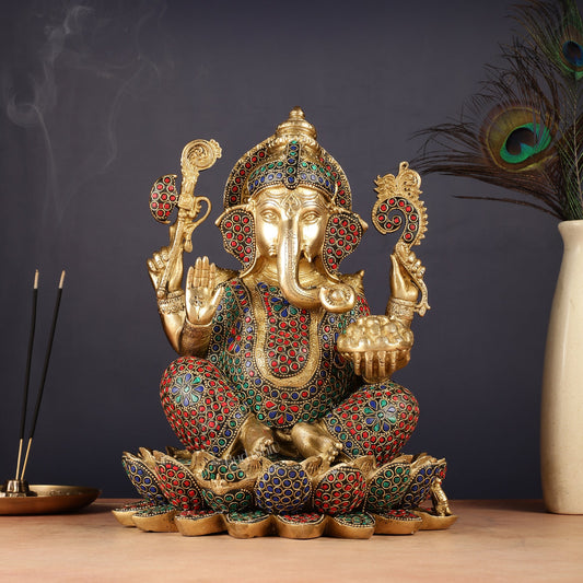 Pure Brass Ganesha Seated on Lotus Idol 11 inch - Budhshiv.com