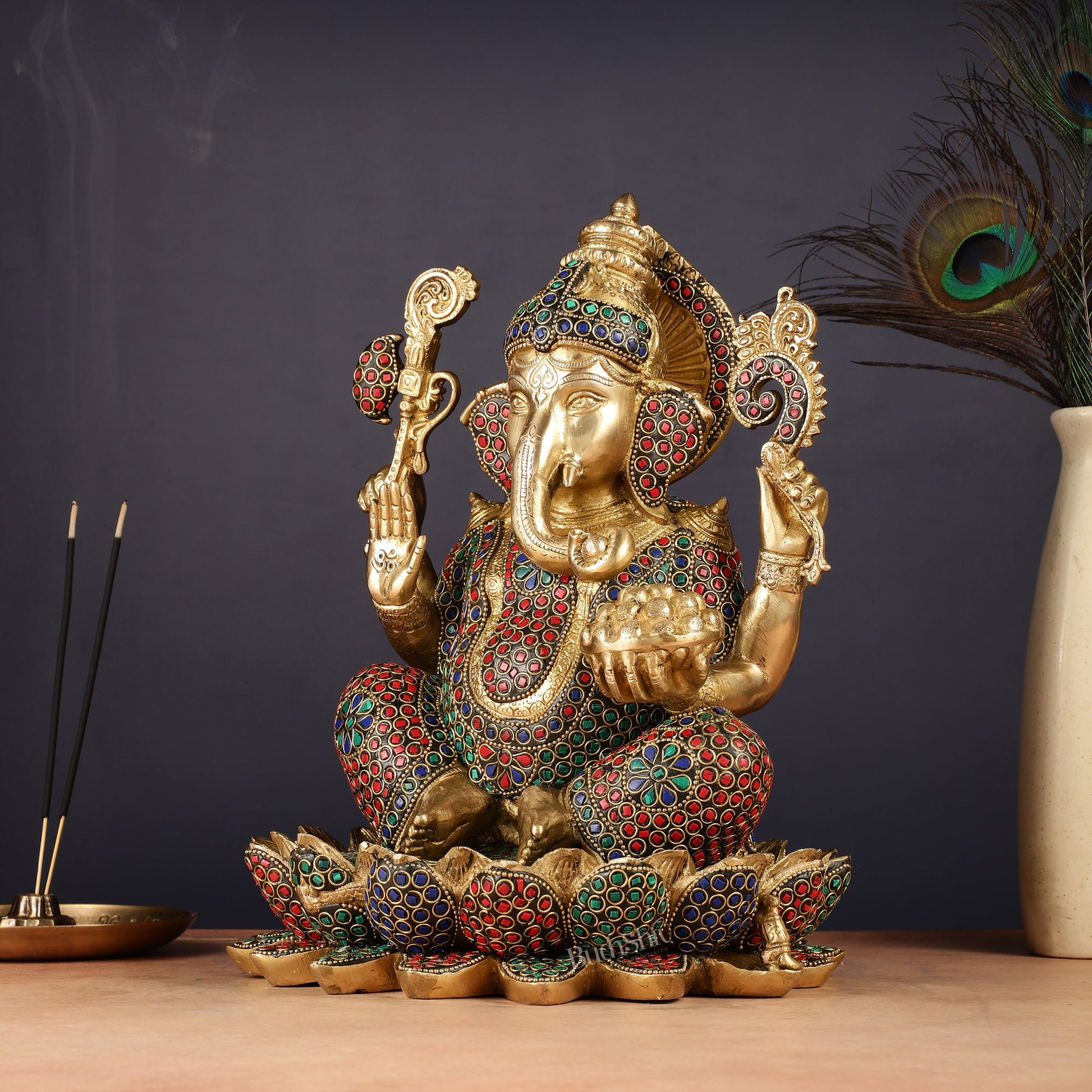 Pure Brass Ganesha Seated on Lotus Idol 11 inch - Budhshiv.com