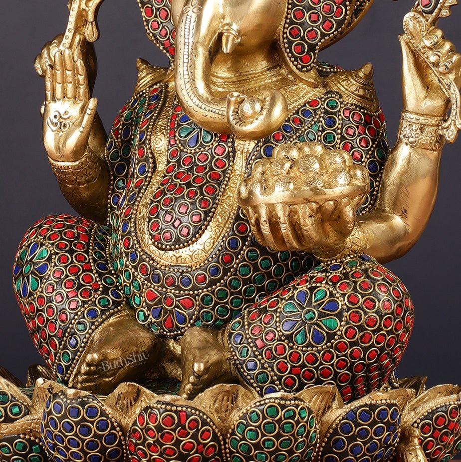Pure Brass Ganesha Seated on Lotus Idol 11 inch - Budhshiv.com