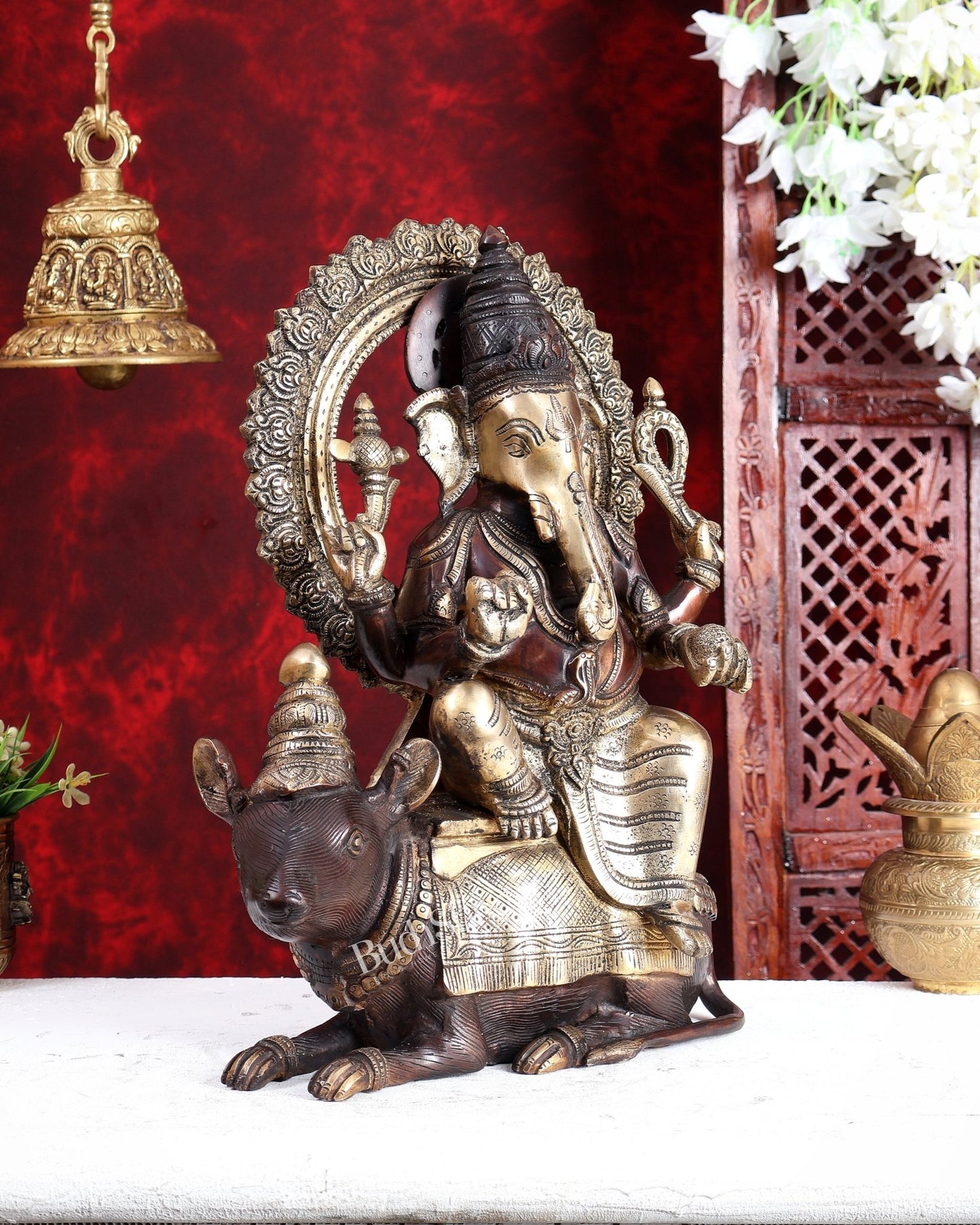 Pure Brass Ganesha sitting on mooshak idol - 16 inch dual tone - Budhshiv.com