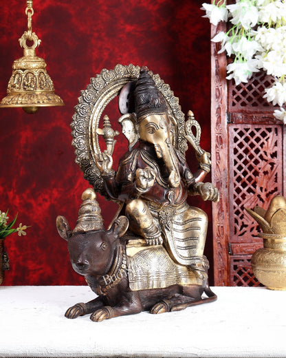 Pure Brass Ganesha sitting on mooshak idol - 16 inch dual tone - Budhshiv.com