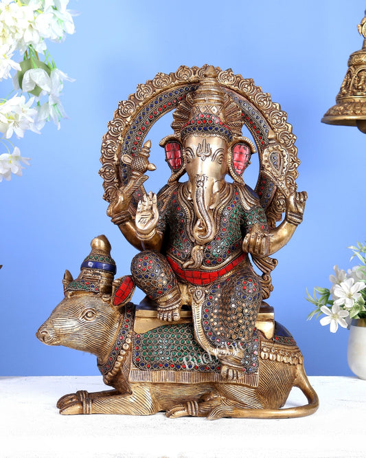 Pure Brass Ganesha sitting on mooshak idol - 16 inch - Budhshiv.com