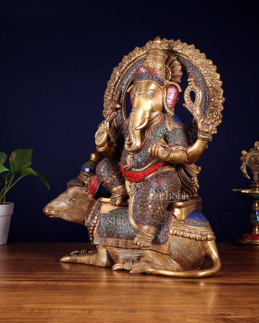 Pure Brass Ganesha sitting on mooshak idol - 16 inch - Budhshiv.com