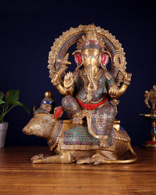 Pure Brass Ganesha sitting on mooshak idol - 16 inch - Budhshiv.com