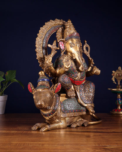 Pure Brass Ganesha sitting on mooshak idol - 16 inch - Budhshiv.com