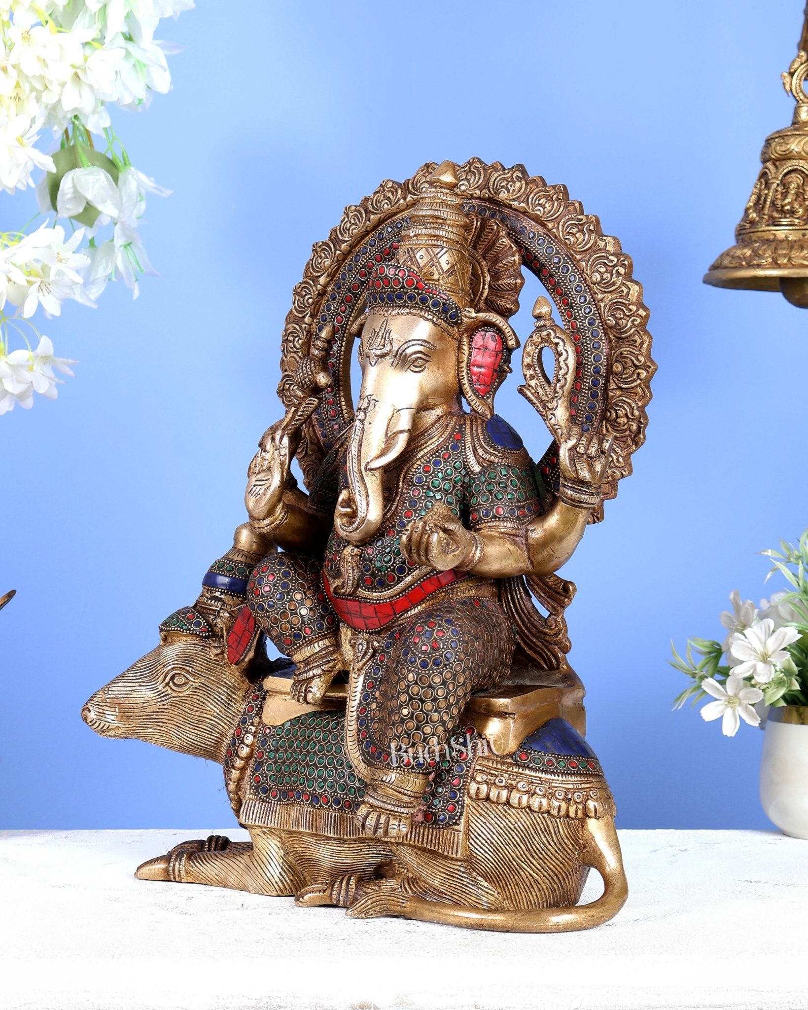 Pure Brass Ganesha sitting on mooshak idol - 16 inch - Budhshiv.com
