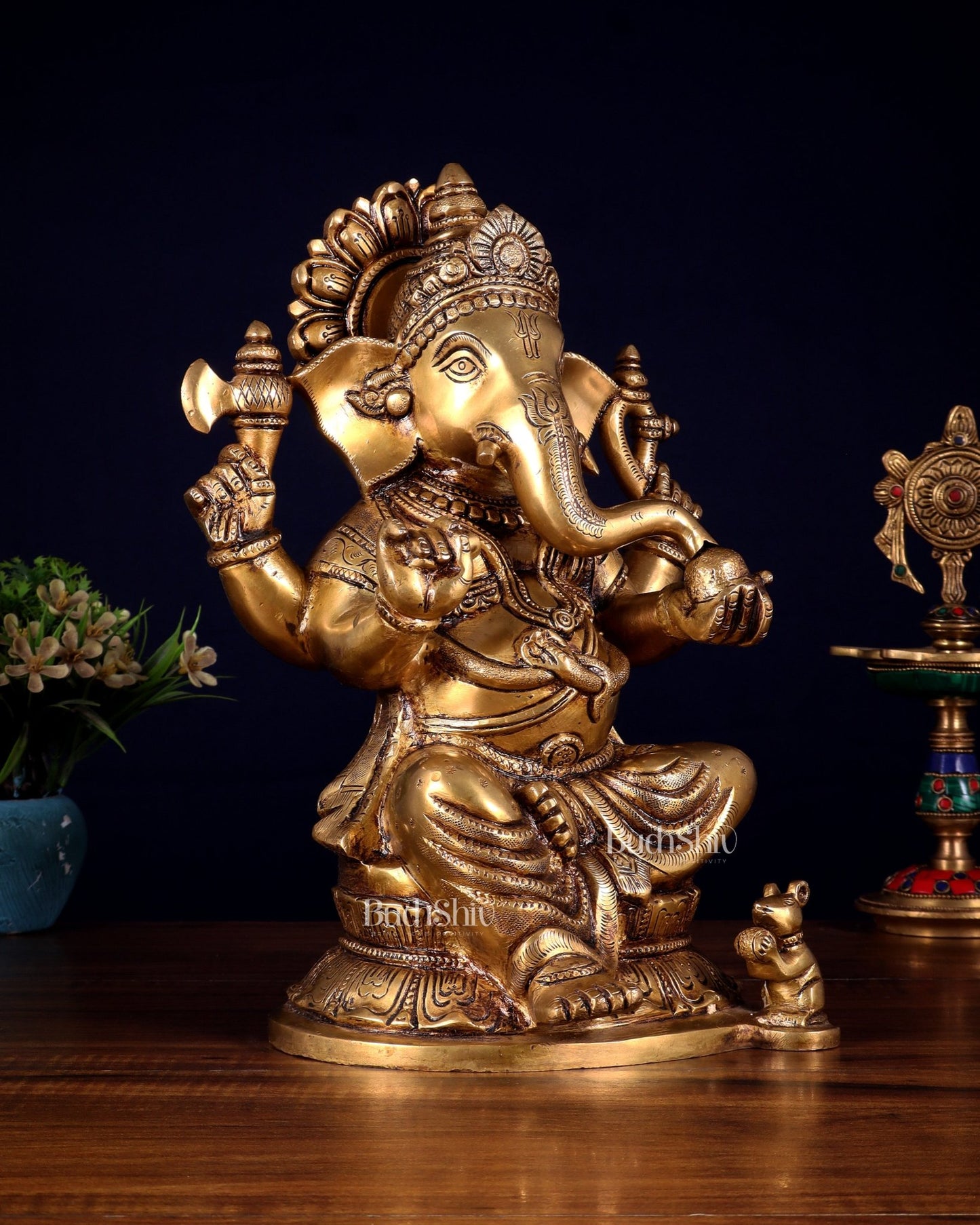 Pure Brass Ganesha Statue - 11 Inch - Budhshiv.com