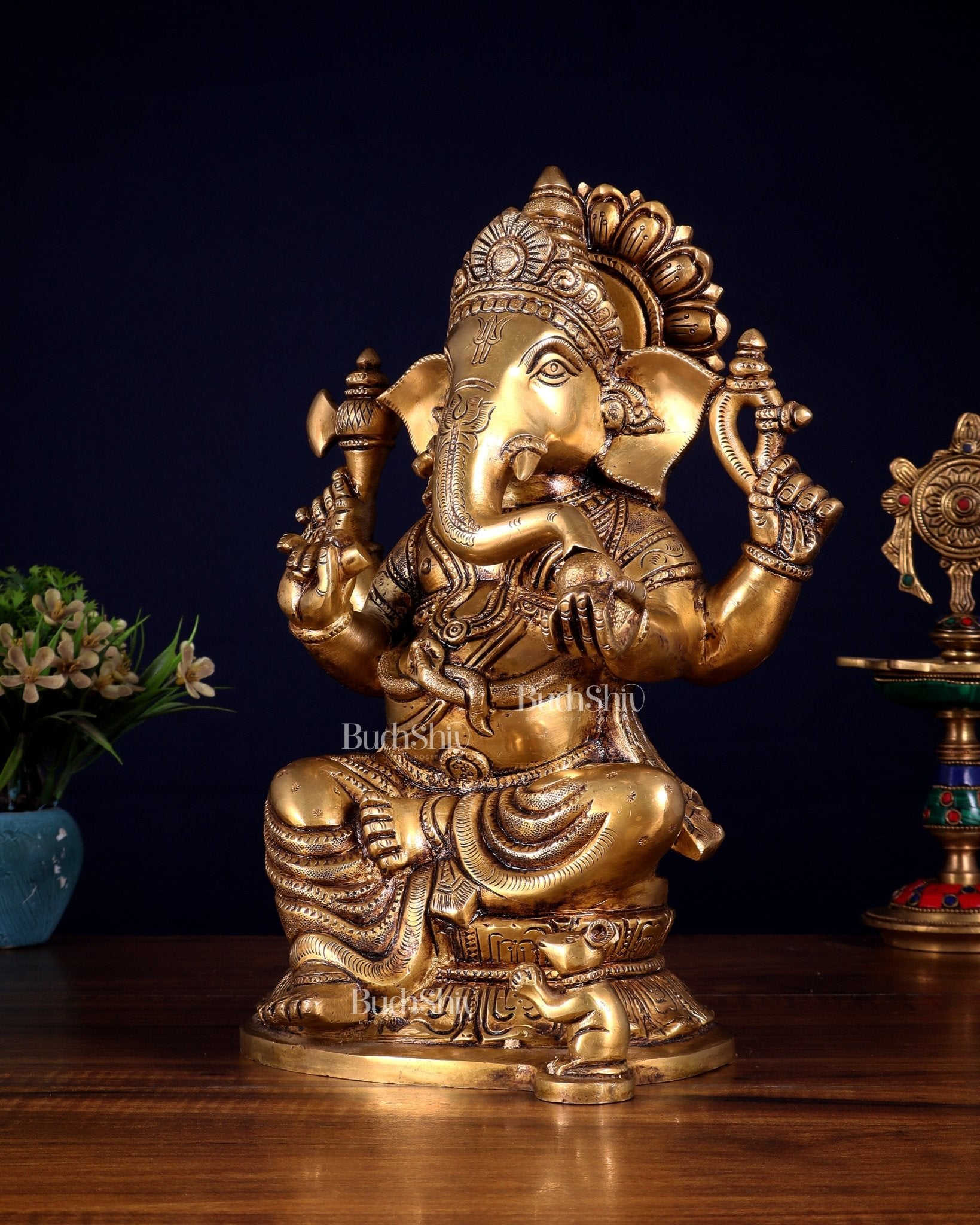 Pure Brass Ganesha Statue - 11 Inch - Budhshiv.com