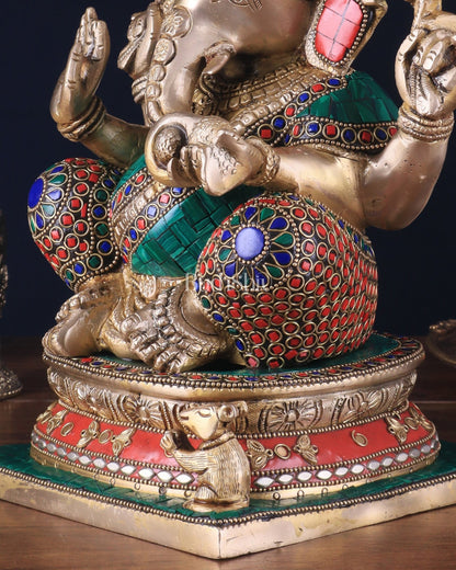 Pure Brass Ganesha Statue 12 inch with stonework - Budhshiv.com