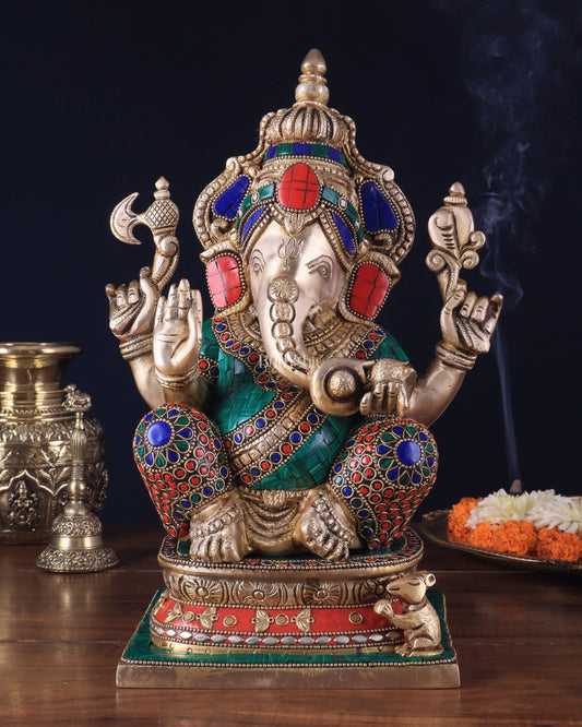 Pure Brass Ganesha Statue 12 inch with stonework - Budhshiv.com