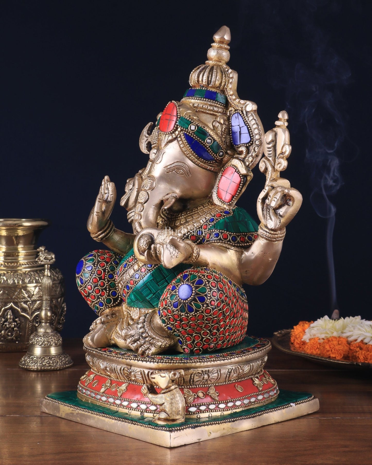 Pure Brass Ganesha Statue 12 inch with stonework - Budhshiv.com