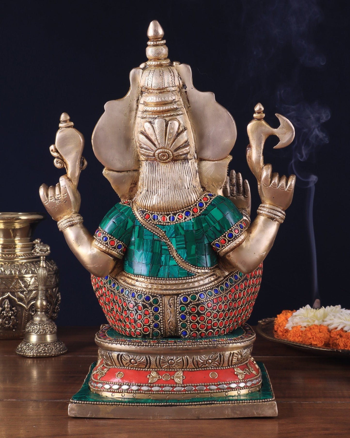 Pure Brass Ganesha Statue 12 inch with stonework - Budhshiv.com