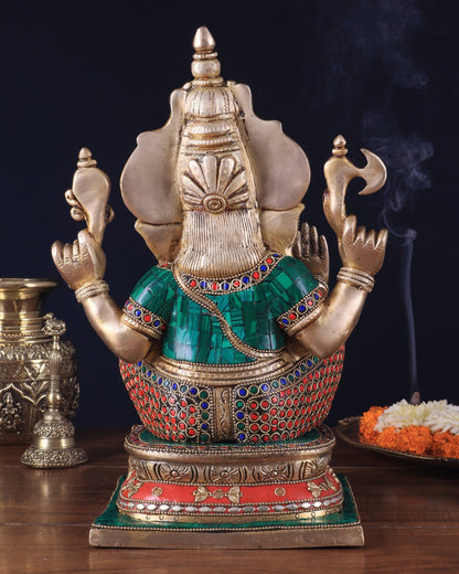Pure Brass Ganesha Statue 12 inch with stonework - Budhshiv.com