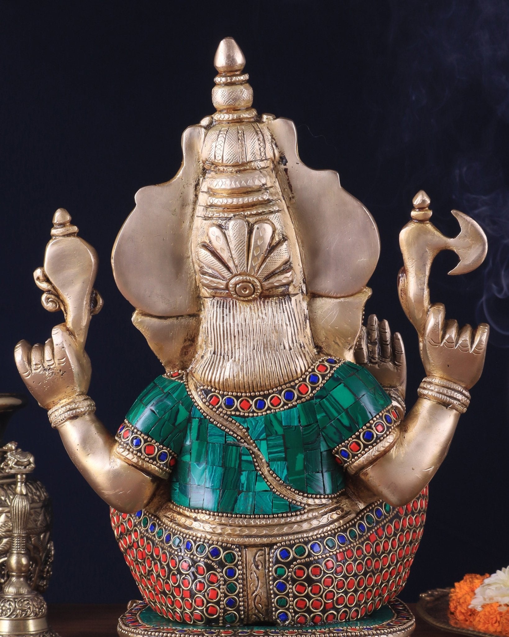 Pure Brass Ganesha Statue 12 inch with stonework - Budhshiv.com