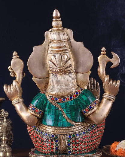 Pure Brass Ganesha Statue 12 inch with stonework - Budhshiv.com
