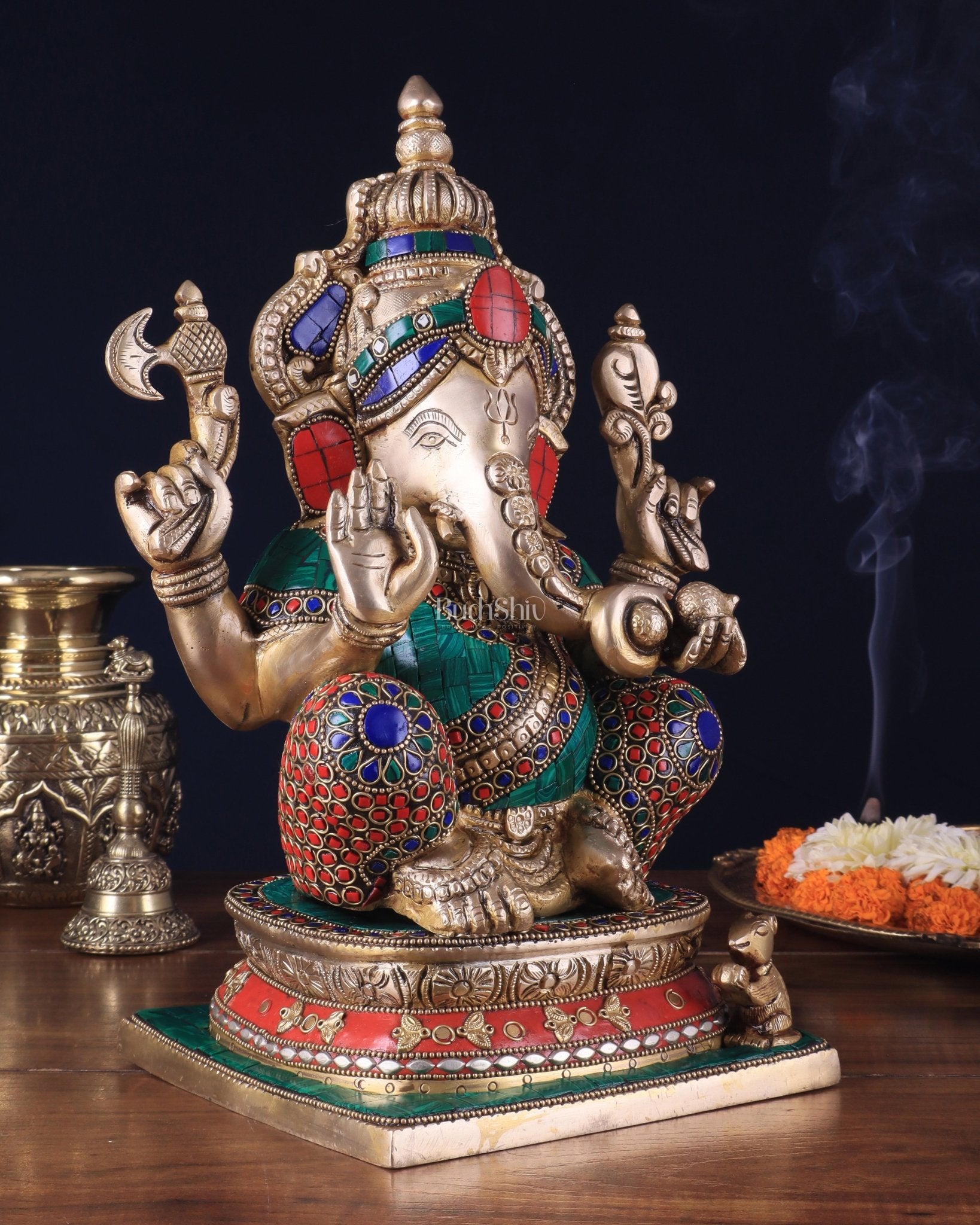 Pure Brass Ganesha Statue 12 inch with stonework - Budhshiv.com