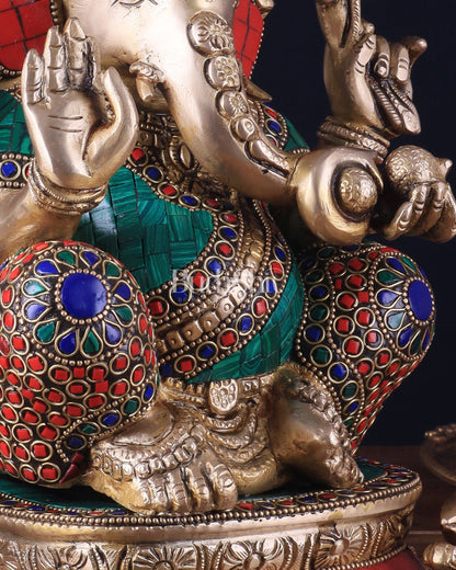 Pure Brass Ganesha Statue 12 inch with stonework - Budhshiv.com