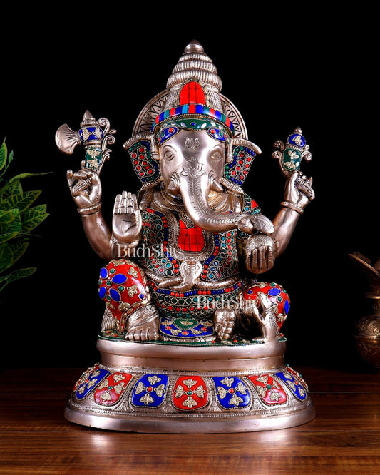 Pure Brass Ganesha Statue – 15 inch Tall stonework - Budhshiv.com