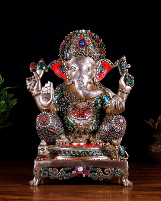 Pure Brass Ganesha statue - 18 inch multicolour stonework - Budhshiv.com
