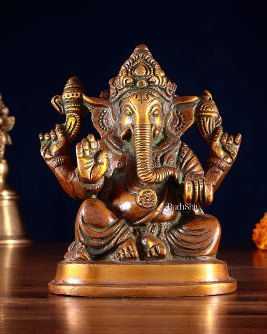 Pure Brass Ganesha Statue dual tone 5" - Budhshiv.com