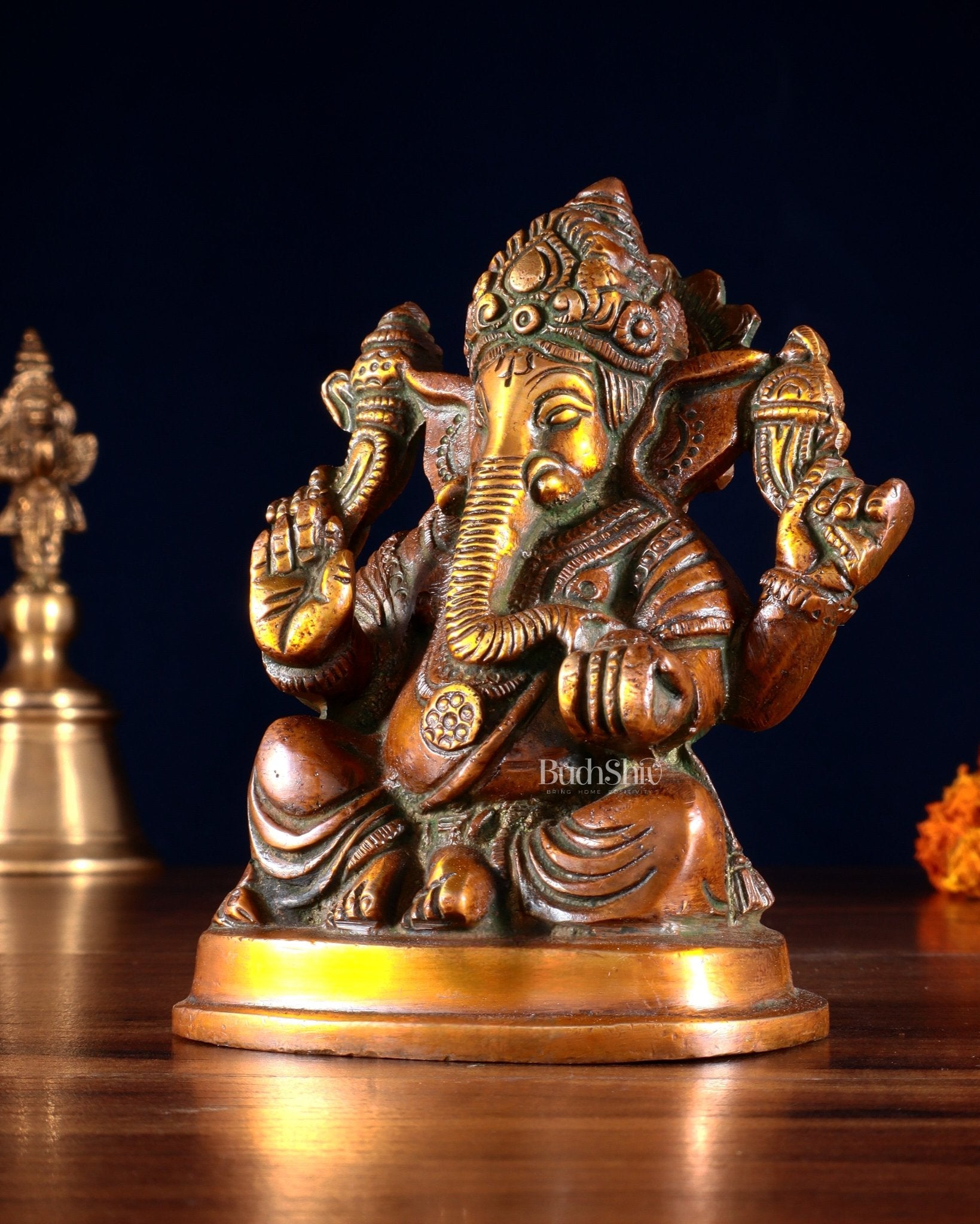 Pure Brass Ganesha Statue dual tone 5" - Budhshiv.com