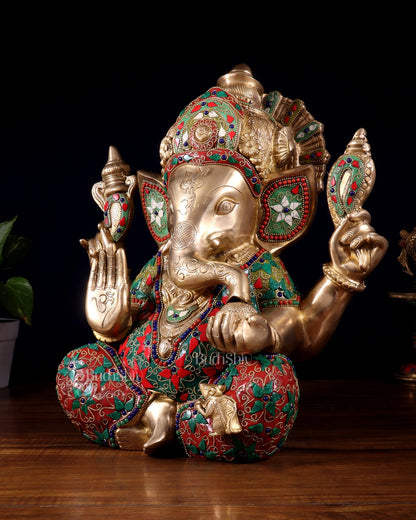 Pure Brass Ganesha Statue meenakari 15" - Budhshiv.com