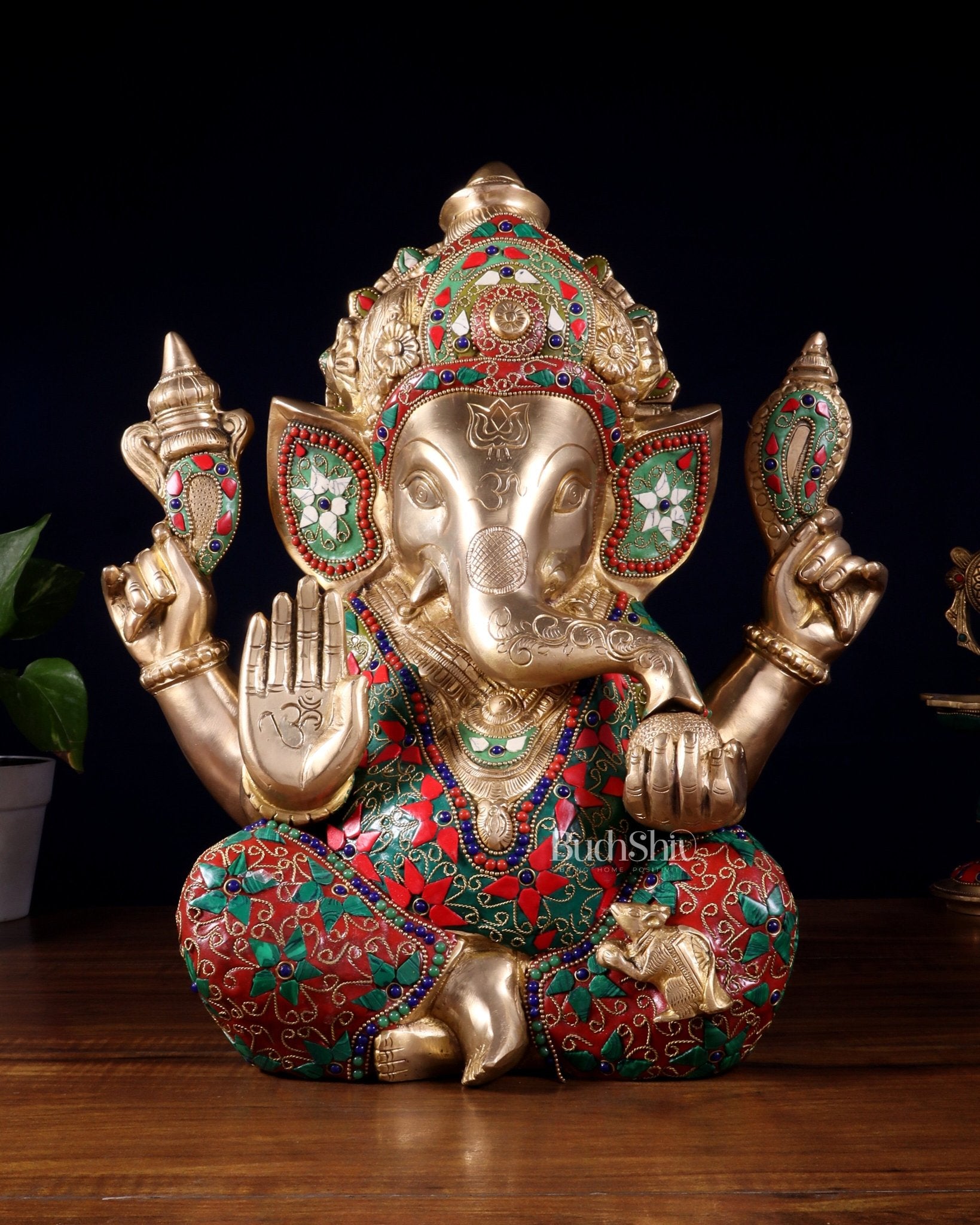 Pure Brass Ganesha Statue meenakari 15" - Budhshiv.com