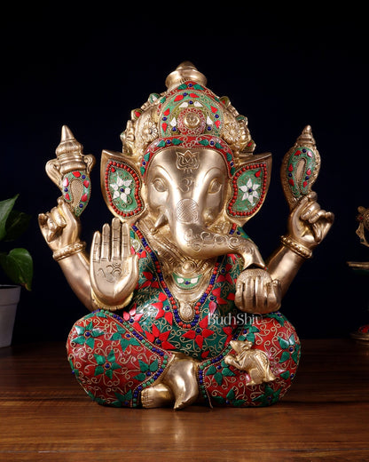 Pure Brass Ganesha Statue meenakari 15" - Budhshiv.com