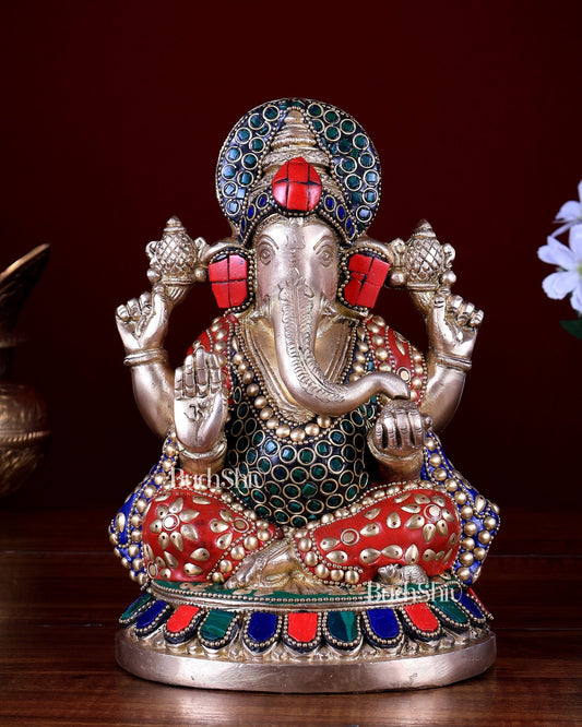 Pure Brass Ganesha Statue – Unique Stonework (8 Inch) - Budhshiv.com