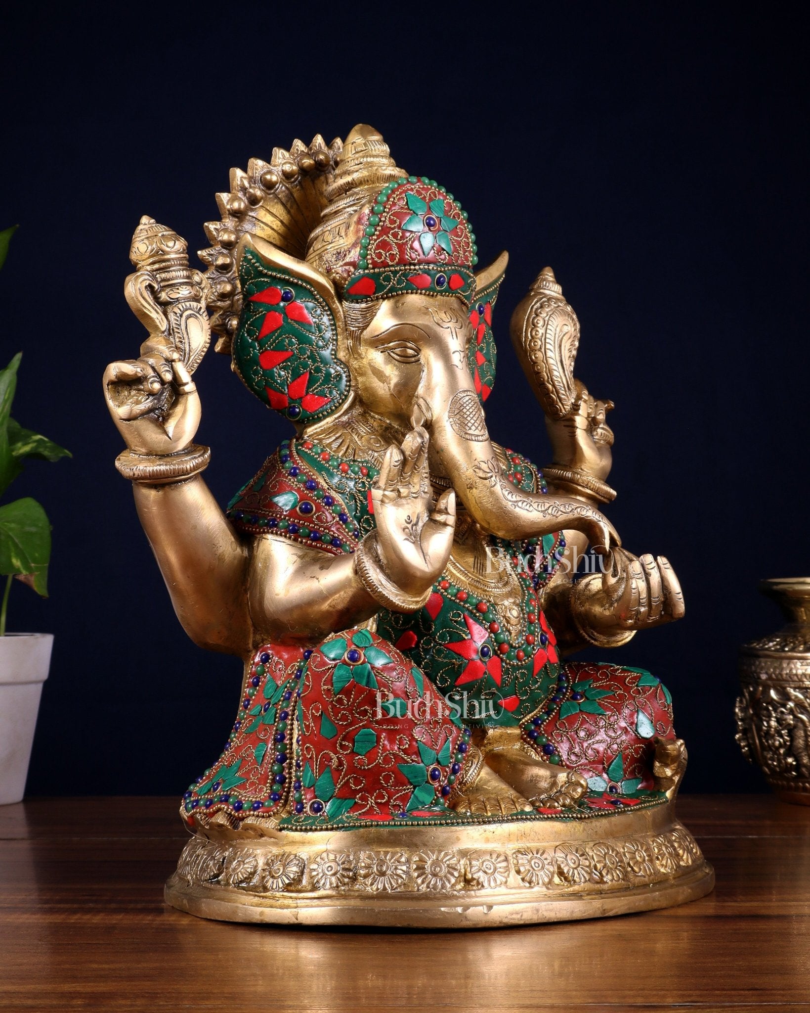 Pure Brass Ganesha Statue with Floral Stonework 12 inch - Budhshiv.com