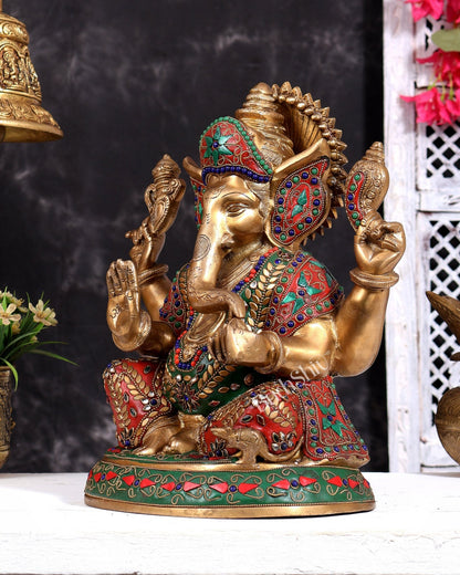 Pure Brass Ganesha Statue with Floral Stonework 12 inch - Budhshiv.com