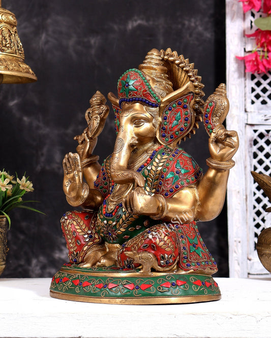 Pure Brass Ganesha Statue with Floral Stonework 12 inch - Budhshiv.com