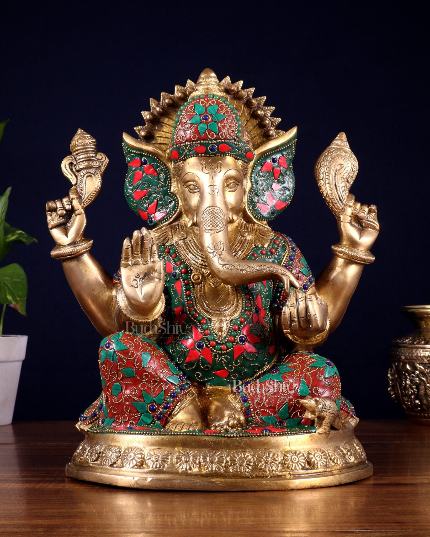 Pure Brass Ganesha Statue with Floral Stonework 12 inch - Budhshiv.com