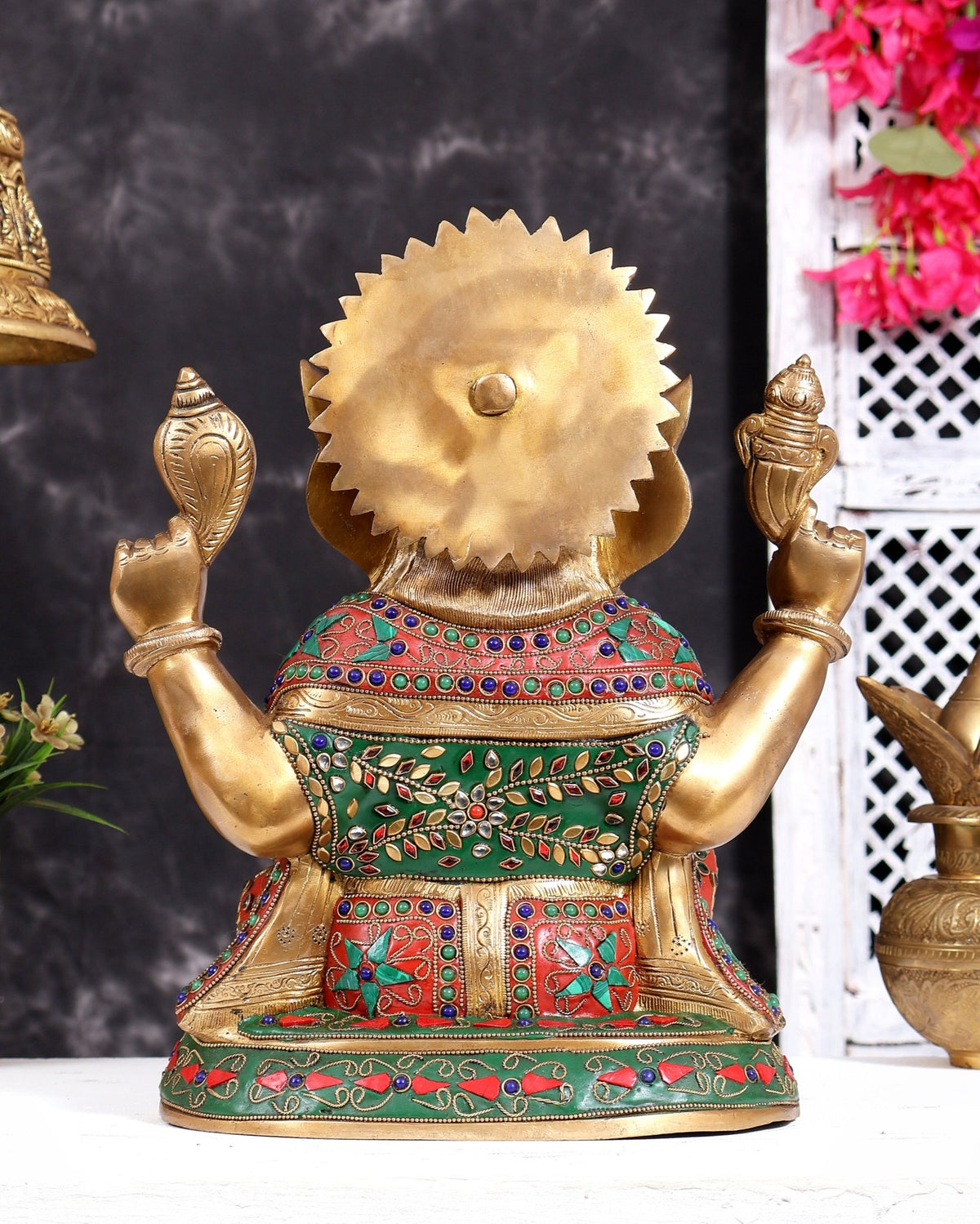 Pure Brass Ganesha Statue with Floral Stonework 12 inch - Budhshiv.com