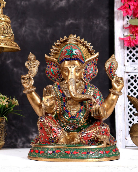 Pure Brass Ganesha Statue with Floral Stonework 12 inch - Budhshiv.com
