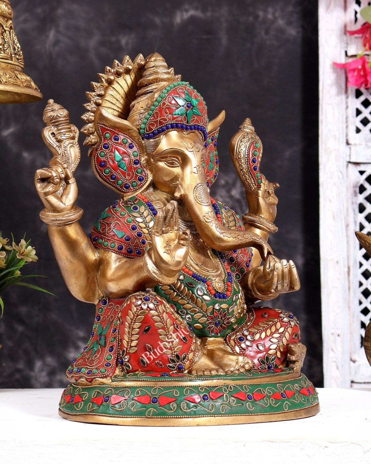 Pure Brass Ganesha Statue with Floral Stonework 12 inch - Budhshiv.com