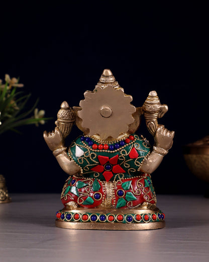 Pure Brass Ganesha Statue with Floral Stonework 5" - Budhshiv.com