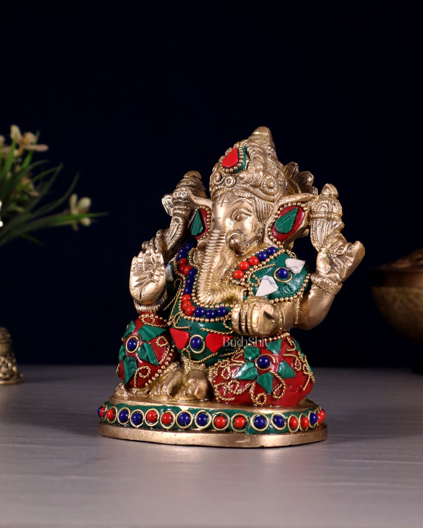 Pure Brass Ganesha Statue with Floral Stonework 5" - Budhshiv.com