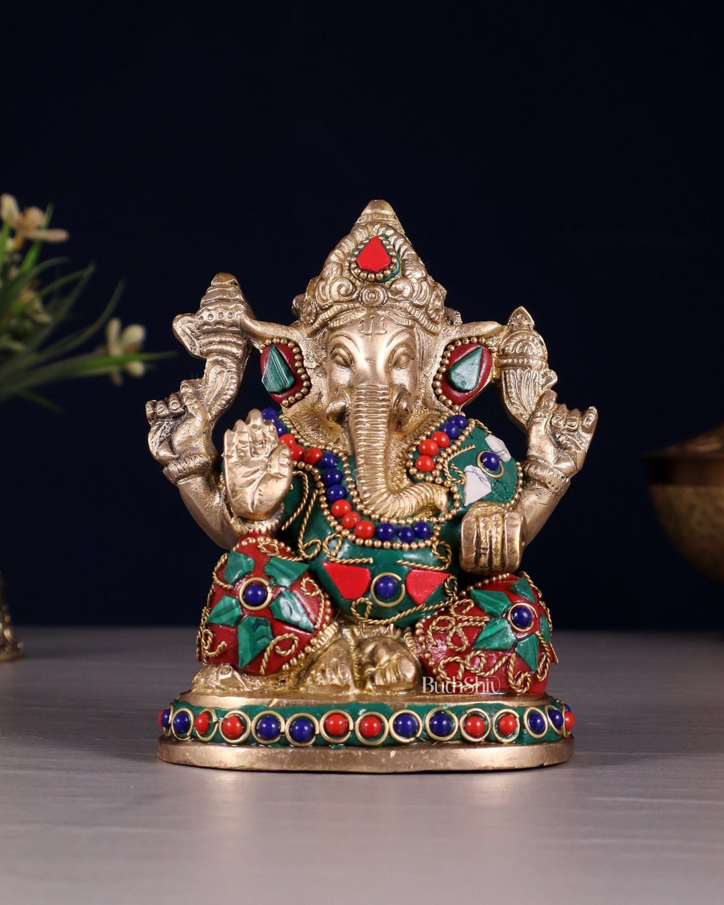 Pure Brass Ganesha Statue with Floral Stonework 5" - Budhshiv.com