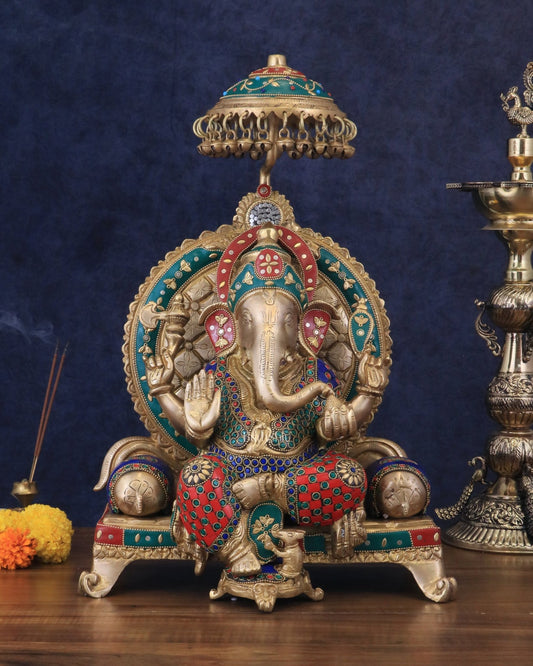 Pure Brass Ganesha Statue with meenakari – 18 Inches Tall - Budhshiv.com
