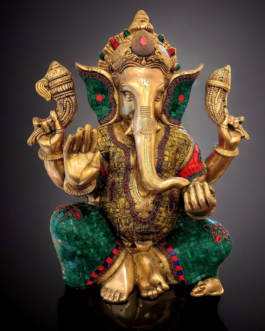 Pure Brass Ganesha Statue with Meenakari Stonework 20 inch - Budhshiv.com