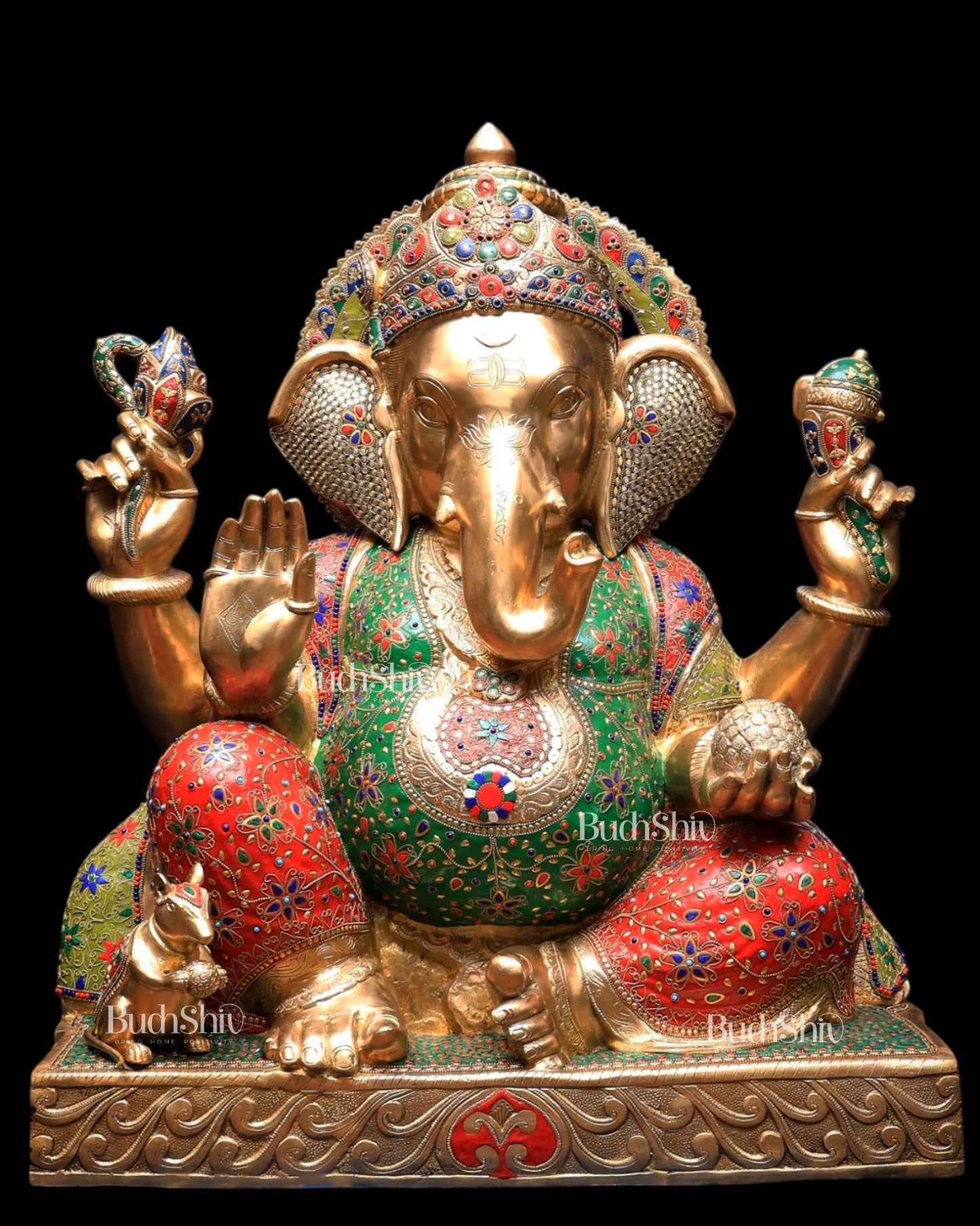 Pure Brass Ganesha Statue with Meenakari Stonework 33 inch - Budhshiv.com