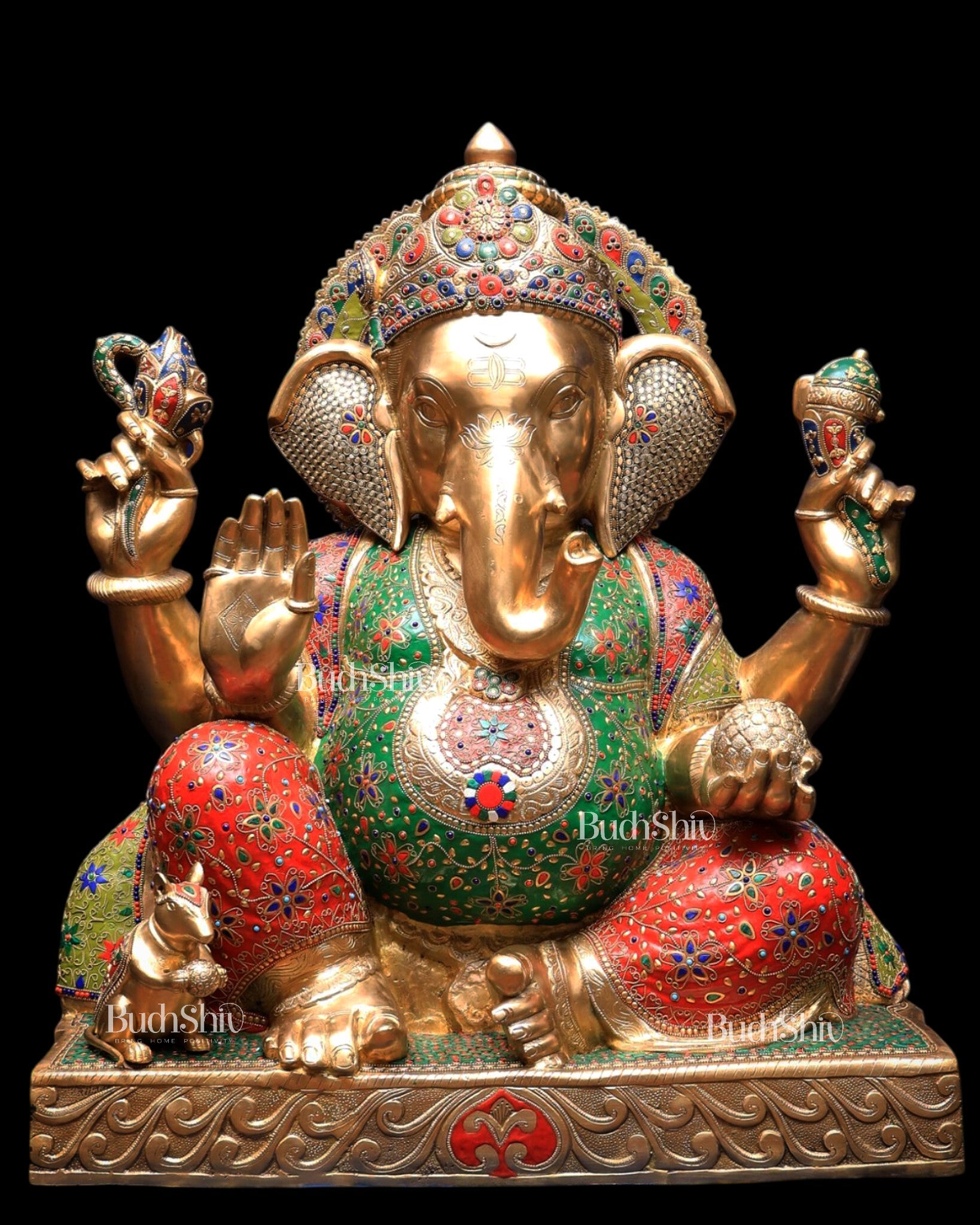 Pure Brass Ganesha Statue with Meenakari Stonework 33 inch - Budhshiv.com