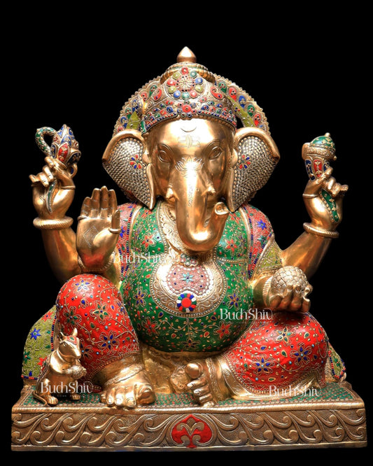 Pure Brass Ganesha Statue with Meenakari Stonework 33 inch - Budhshiv.com