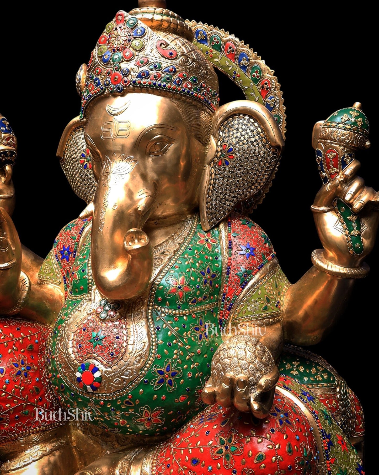 Pure Brass Ganesha Statue with Meenakari Stonework 33 inch - Budhshiv.com
