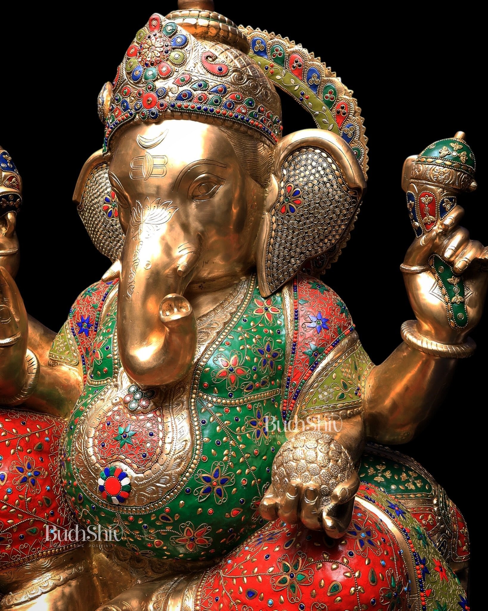 Pure Brass Ganesha Statue with Meenakari Stonework 33 inch - Budhshiv.com